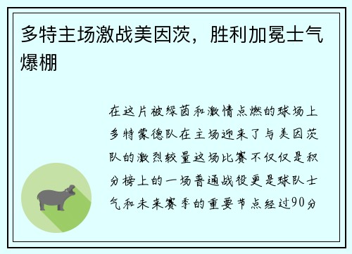 多特主场激战美因茨，胜利加冕士气爆棚