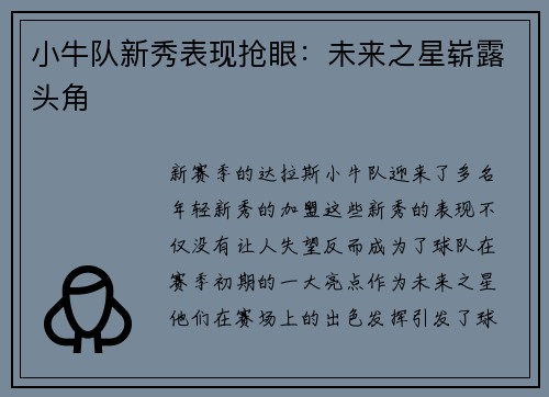 小牛队新秀表现抢眼：未来之星崭露头角