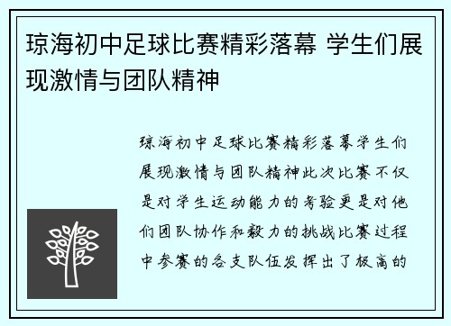 琼海初中足球比赛精彩落幕 学生们展现激情与团队精神