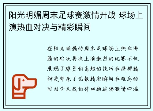 阳光明媚周末足球赛激情开战 球场上演热血对决与精彩瞬间