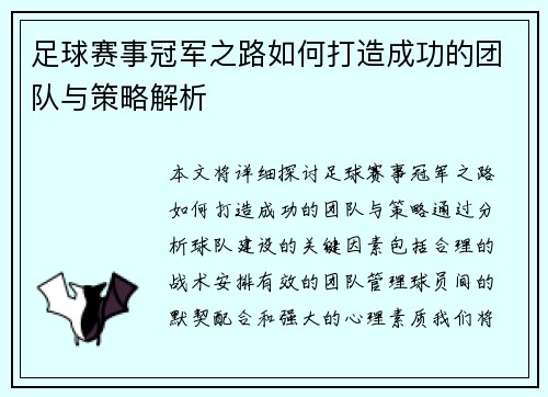 足球赛事冠军之路如何打造成功的团队与策略解析