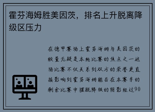 霍芬海姆胜美因茨，排名上升脱离降级区压力