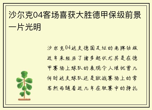 沙尔克04客场喜获大胜德甲保级前景一片光明