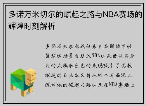 多诺万米切尔的崛起之路与NBA赛场的辉煌时刻解析