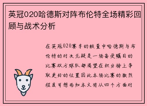 英冠020哈德斯对阵布伦特全场精彩回顾与战术分析