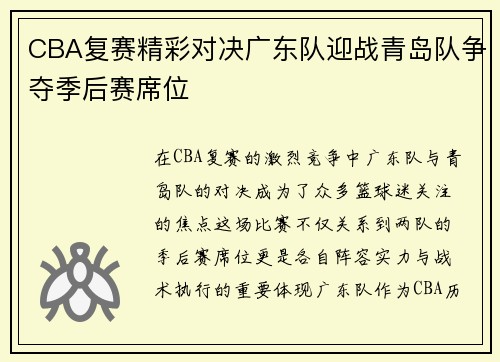 CBA复赛精彩对决广东队迎战青岛队争夺季后赛席位