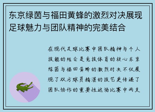 东京绿茵与福田黄蜂的激烈对决展现足球魅力与团队精神的完美结合