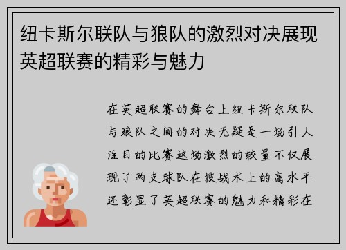 纽卡斯尔联队与狼队的激烈对决展现英超联赛的精彩与魅力