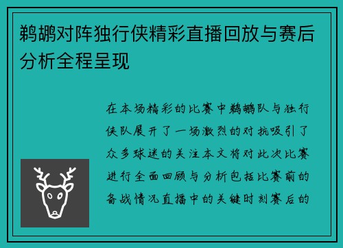 鹈鹕对阵独行侠精彩直播回放与赛后分析全程呈现