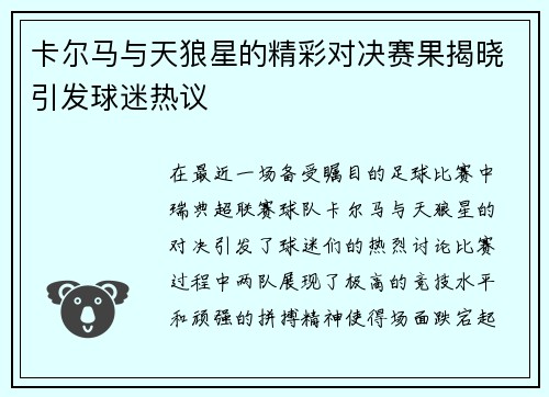 卡尔马与天狼星的精彩对决赛果揭晓引发球迷热议