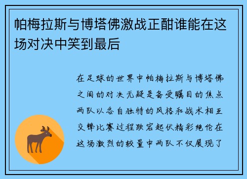 帕梅拉斯与博塔佛激战正酣谁能在这场对决中笑到最后