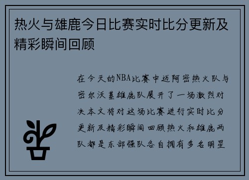 热火与雄鹿今日比赛实时比分更新及精彩瞬间回顾
