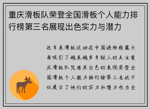 重庆滑板队荣登全国滑板个人能力排行榜第三名展现出色实力与潜力
