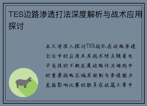 TES边路渗透打法深度解析与战术应用探讨